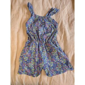 Tea Collection Blue Floral Berry Print Ruffle Strap Smocked Girls Romper Size 12